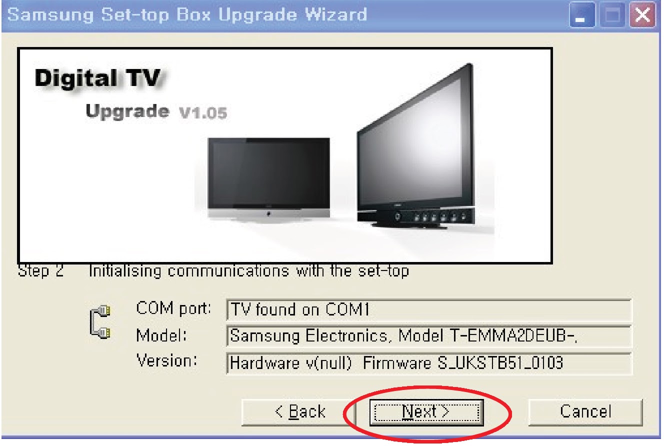 After scanning COM port, Model, and Version, click "Next".