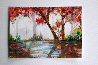 reflection,trees,autumn,shadow,pond,lake,watercolors
