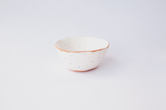 wheel thrown terracotta bowl rainbow polka dot ceramic clay bowl