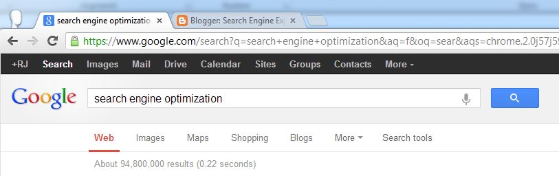 Result for "Search Engine Optimization" on morning of March 15, 2013 About 94,800,000 results in 0.22 seconds when searching for "seach engine optimization" on google