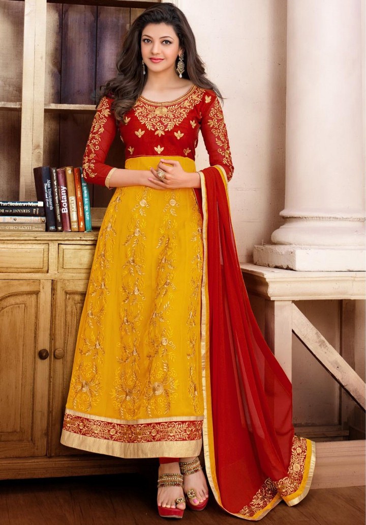 Bollywood Model Kajal Aggarwal In Yellow Georgette Suit