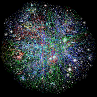 The Internet map is a bi-dimensional presentation of links between websites on the Internet. Every site is a circle on the map, and its size is determined by website traffic, the larger the amount of traffic, the bigger the circle. Users’ switching between websites forms links, and the stronger the link, the closer the websites tend to arrange themselves to each other.