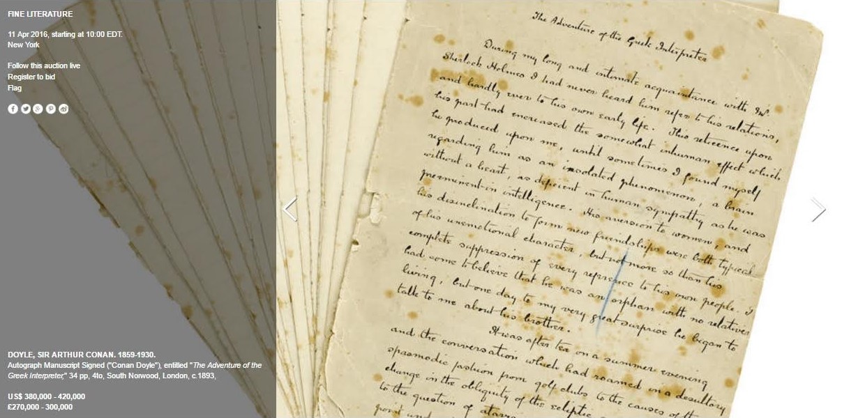 Conan Doyle Manuscripts at Auction Today I Hear of Sherlock Everywhere