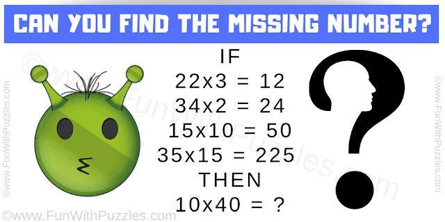 IF 22x3 = 12 34x2 = 24 15x10 = 50 35x15 = 225 THEN 10x40 = ?
