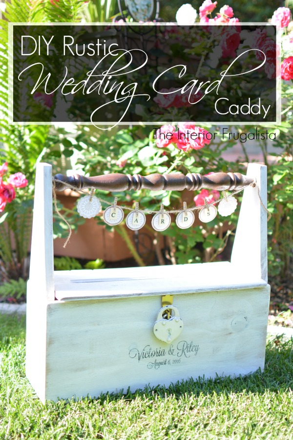 How to build a rustic wedding card caddy for an outdoor wedding with a unique repurposed chair spindle handle and lid with card slot and cute banner. #weddingcardbox #rusticweddingdecor