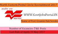North Eastern Postal Circle Recruitment 2017– 748 Gramin Dak Sevak (GDS)