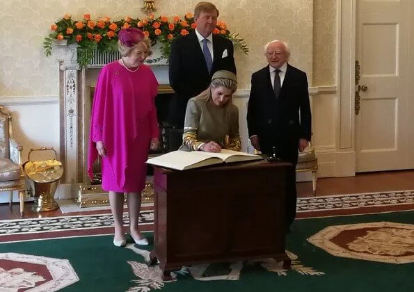 Queen Maxima wore a outfit from Claes Iversen 2019 collection. Michael D Higgins and his wife Sabina Higgins