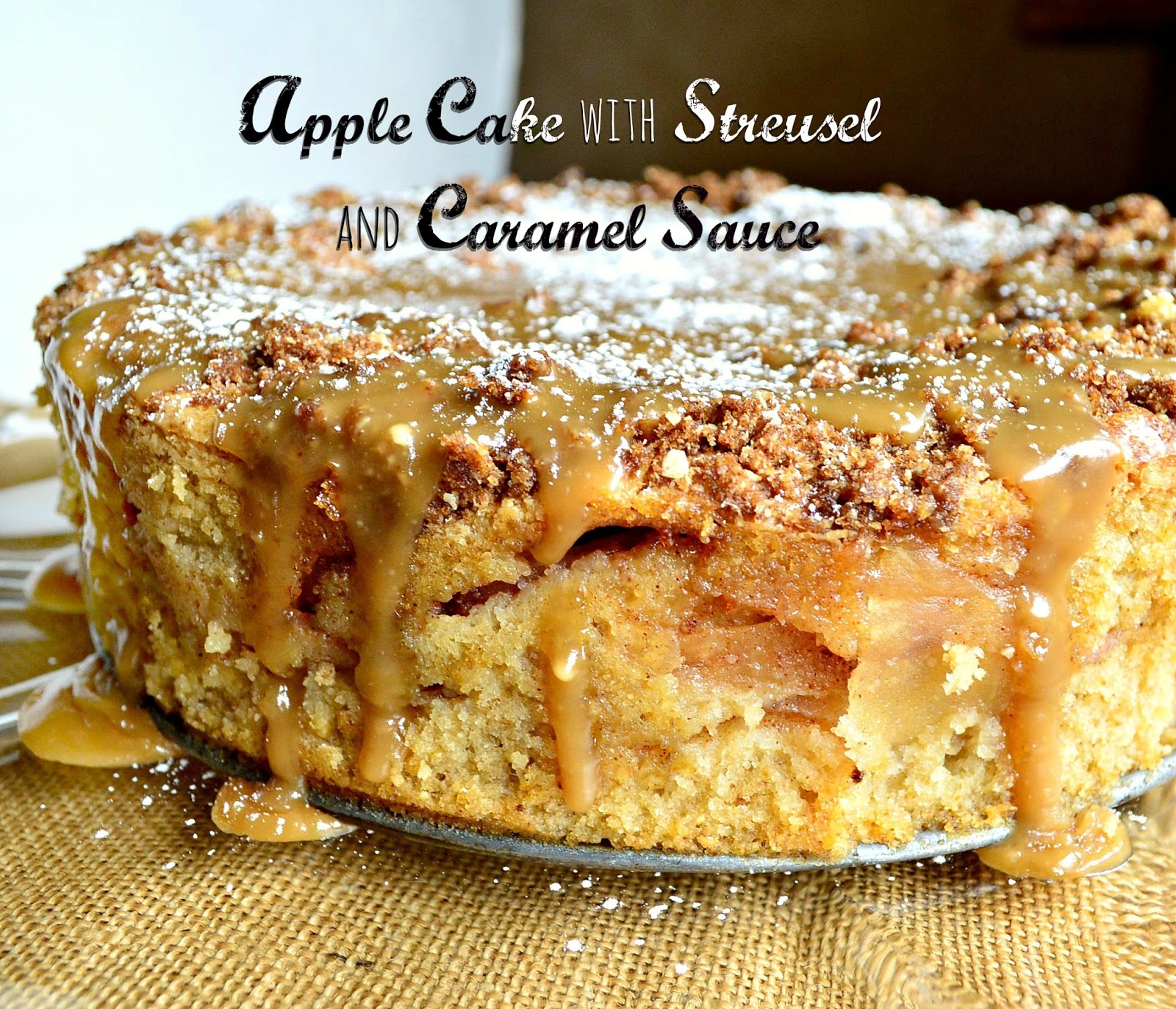 Passover apple cake with streusel and caramel sauce