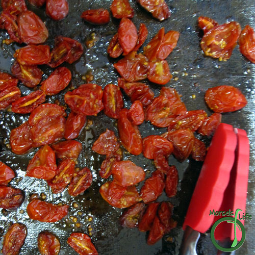 Morsels of Life - Sun Dried Tomatoes Step 3 - Bake tomatoes at the lowest temperature your oven will allow until sufficiently dried. Flip the tomatoes once in a while so all sides can dry evenly. The time will be variable because the tomatoes will not all be the same size or have the same moisture content.