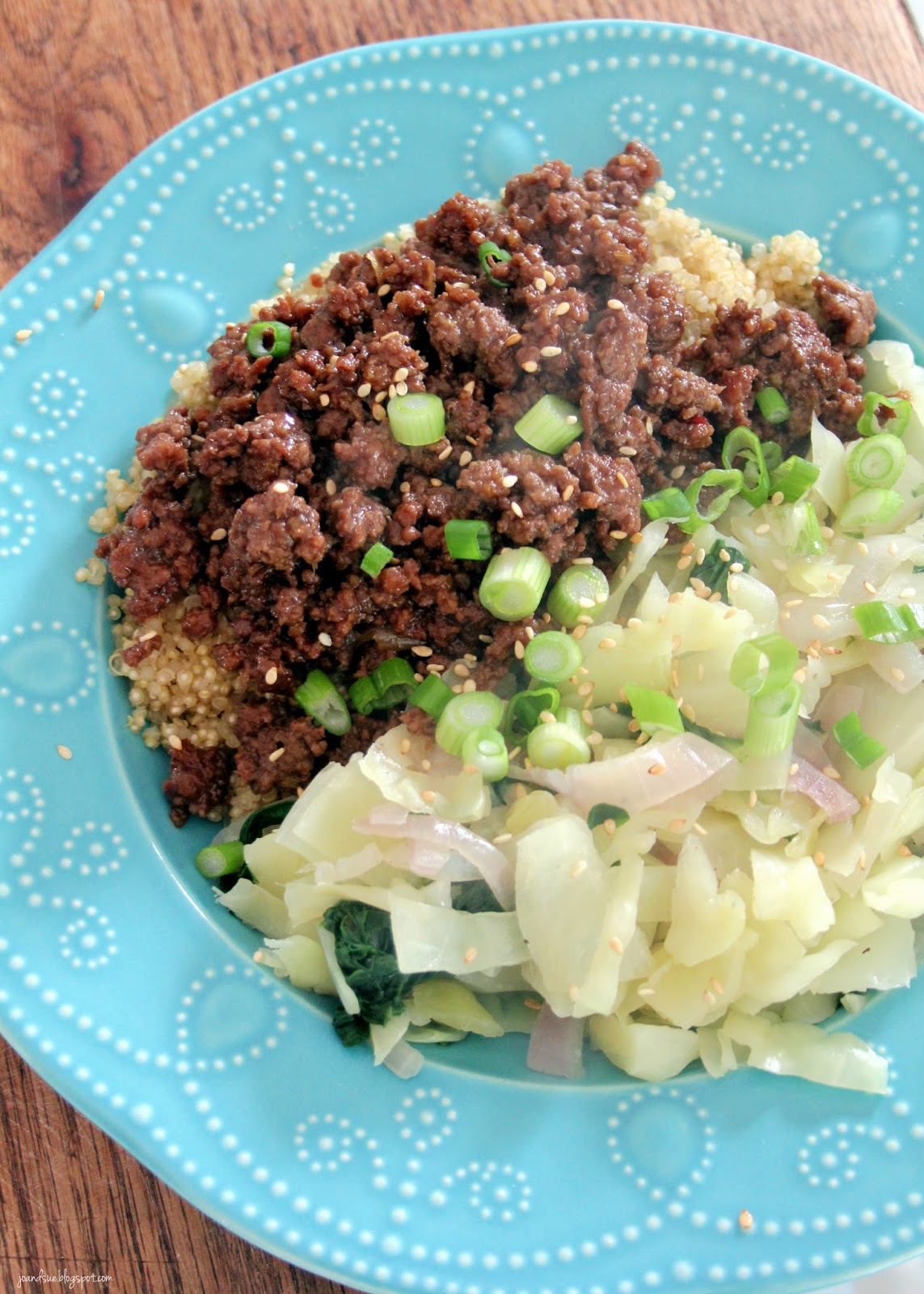 Jo and Sue Korean Beef and Quinoa Bowl with Cabbage and Spinach
