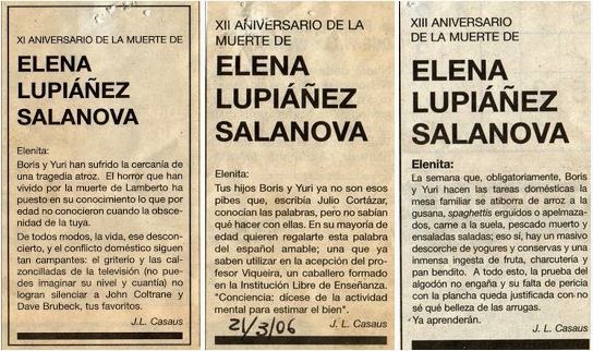 Undécimo, duodécimo y decimotercer aniversario de la muerte de Elenita, El País, esquela, José Luis Casaus, Boris, Yuri