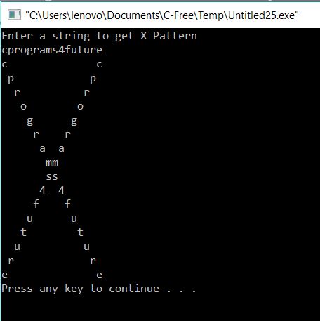 All C Programs: Program 259: Program to print String in X Pattern in C image.