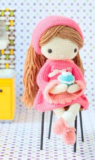 Crochet pattern amigurumi doll girl with headband and cupcake