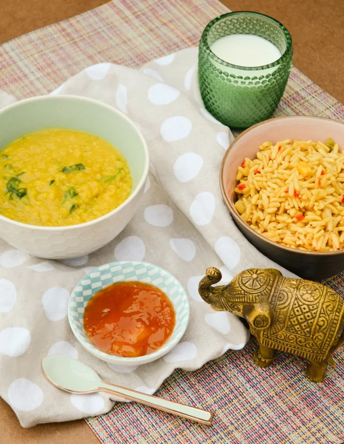 Spinach and Coconut Dal with rice and mango chutney