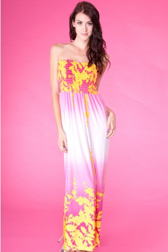 Womens Fashion Prom Dresses: PINK AND YELLOW FLORAL PRINT MAXI DRESS