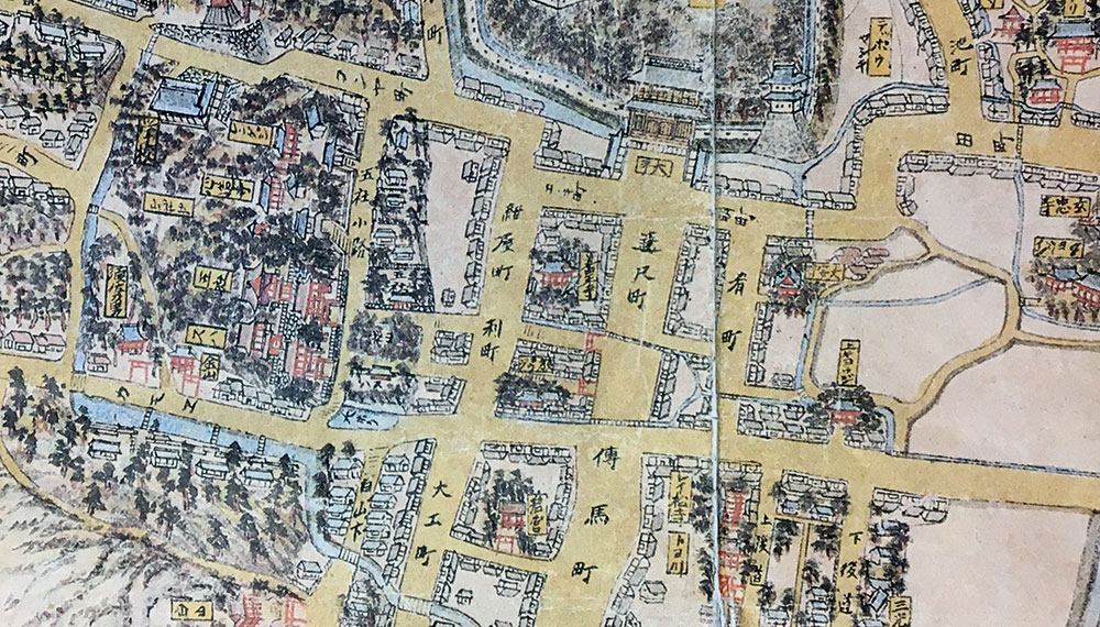 遠江州敷智郡浜松御城下略絵図一部拡大図(2017年8月23日使用許可申請 ※社団法人浜松史跡調査顕彰会専門委員会により企画発行された江戸時代末の浜松城下の略図を浜松市立中央図書館が蔵し原寸複製されたものを許可を得て撮影掲載しています。当該図の無断使用は禁じられています。使用する際には浜松市立中央図書館の許可が必要です。)