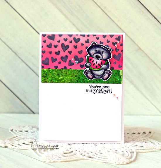 One in a Melon Card by Larissa Heskett | Tumbling Hearts Stencil, Woodland Picnic Stamp Set, and Newton's Melon Stamp Set by Newton's Nook Designs #newtonsnook #handmade