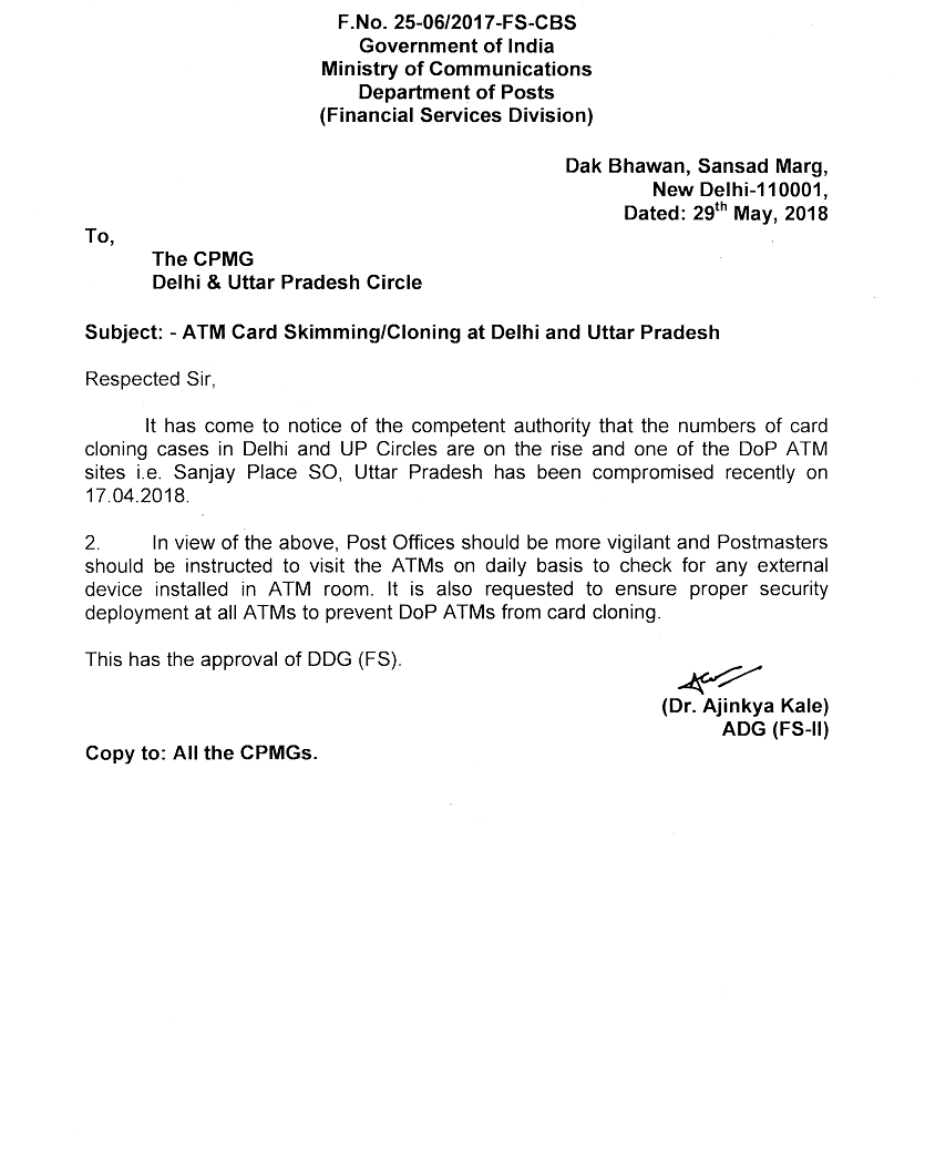 ATM Card Skimming/Cloning at DOP ATM site in Delhi and UP