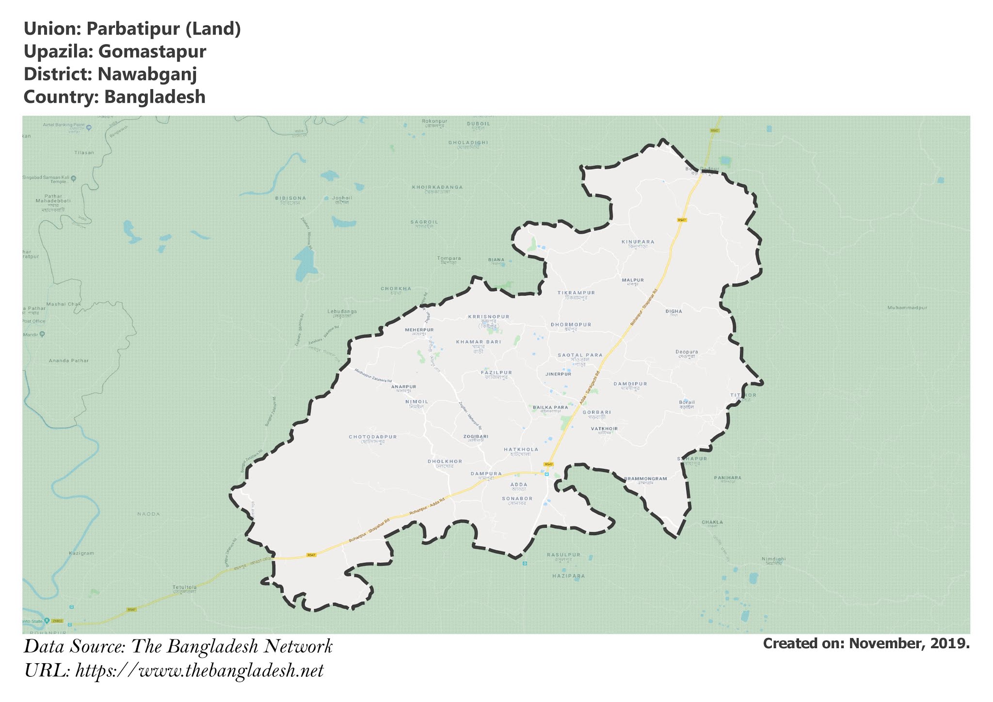 Map of Parbatipur of Nawabganj, Bangladesh.