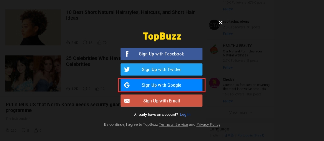 Topbuzz sign up menu Topbuzz sign up menu