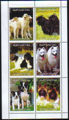 1999年キルギスタン共和国 ボルゾイ　フレミッシュ・キャトル・ドッグ ボーダー・コリー　サモエド ボストン・テリア　秋田犬の切手シート
