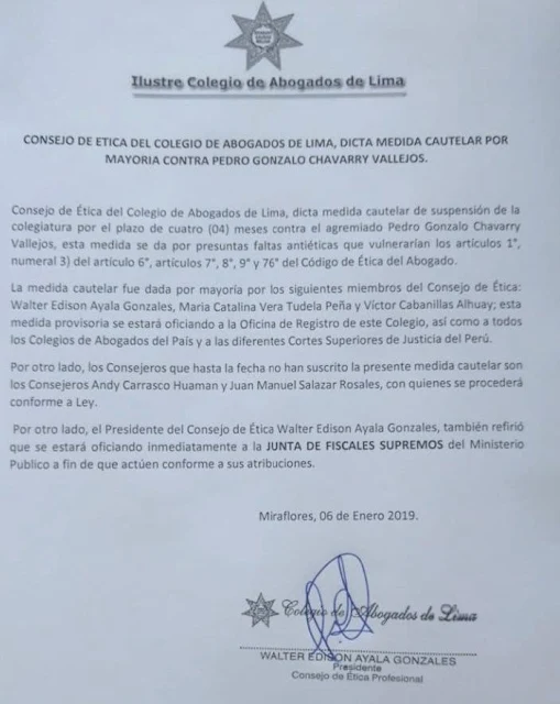 Colegio de Abogados suspende colegiatura de Chávarry por 4 meses