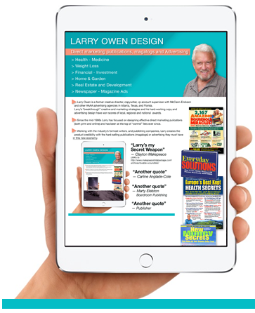 Award winning magalog guy Larry Owen also writes and designs newspaper, magazine ad layout design - Larry Owen of Larry Owen Design