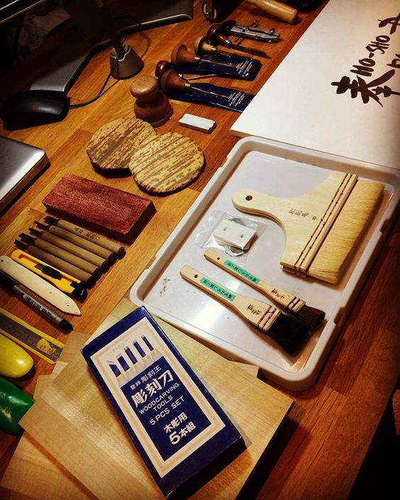 Woodblock printing tools and equipment check