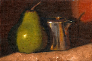 Oil painting of a green pear beside a small silver-plated jug.