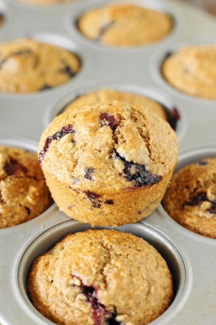 Blueberry Oatmeal Muffins ~ Made with ground oats, whole wheat flour, and just a touch of white flour, these tasty muffins are mostly whole grain.  They make a perfect low-guilt breakfast or after-school snack!   www.thekitchenismyplayground.com