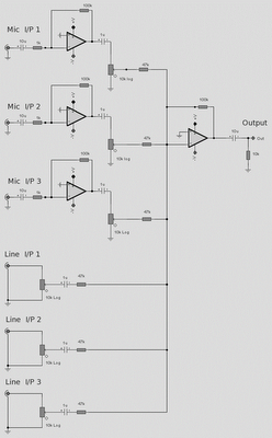 OP-AMP 6-LINE AUDIO MIXER CIRCUIT SCHEMATIC DIAGRAM | Wiring Diagram