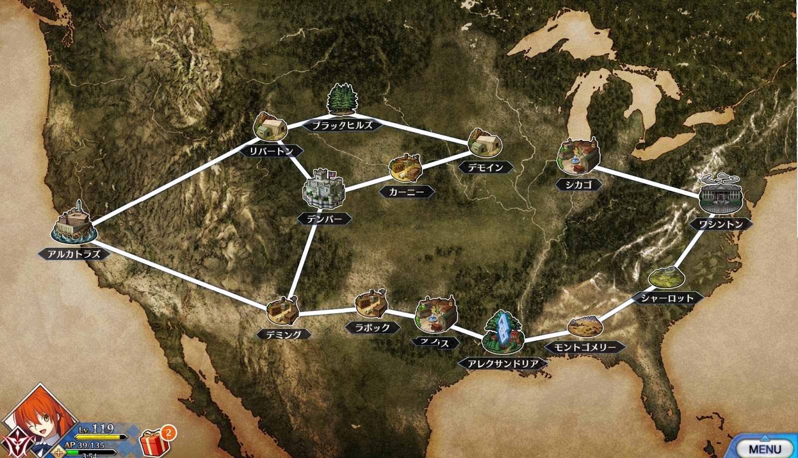a map of the us from the america chapter of the game each location has numerous battles and can be revisited to grind ingredients for powering up servants a map of the us from the america chapter of the game each location has numerous battles and can be revisited to grind ingredients for powering up servants