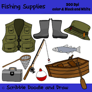 clip art images of fishing supplies including vest boat net tackle box fishing rod hat boots