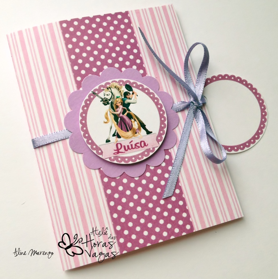 convite artesanal aniversário infantil filme enrolados princesa rapunzel lilás rosa roxo púrpura menina