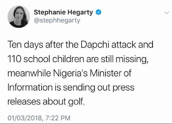  BBC journalist criticises Lai Mohammed for attending golf event while Dapchi school girls are still missing