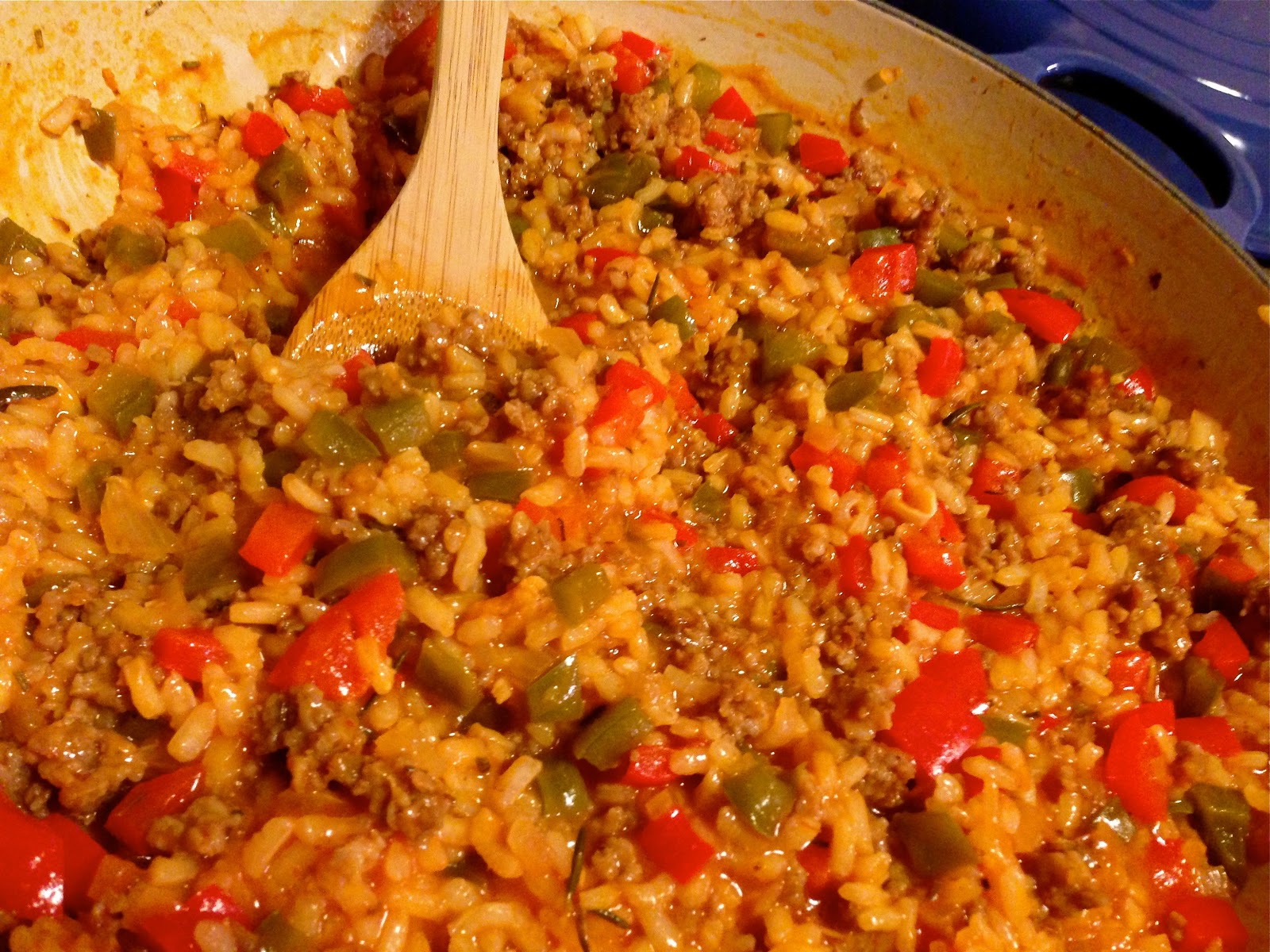 One Potato Blue Potato Oven Baked Risotto with Sausage and Bell Peppers