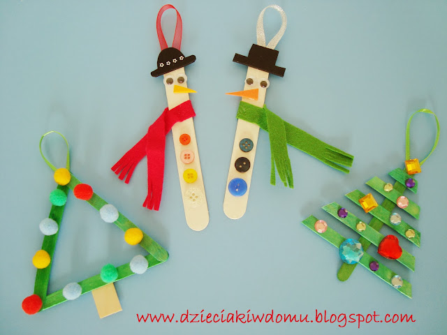 ozdoby choinkowe z patyczków dla dzieci choinki i bałwanki