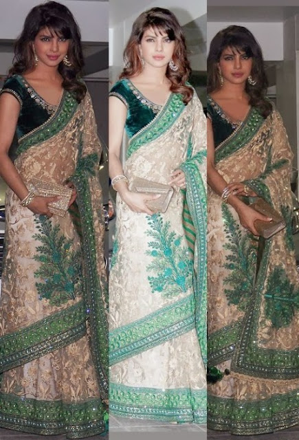 Bollywood Actress Saree Collections: Priyanka Chopra in Golden Green Saree