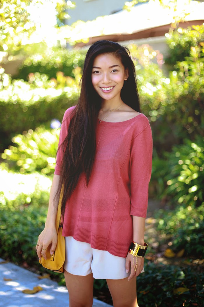 Stephanie Liu of Honey & Silk wearing Left on Houston sweater, Line & Dot shorts, Phillip Lim for Target bag, and personalized JustFab boots. See how 4 other bloggers DIY'ed it!