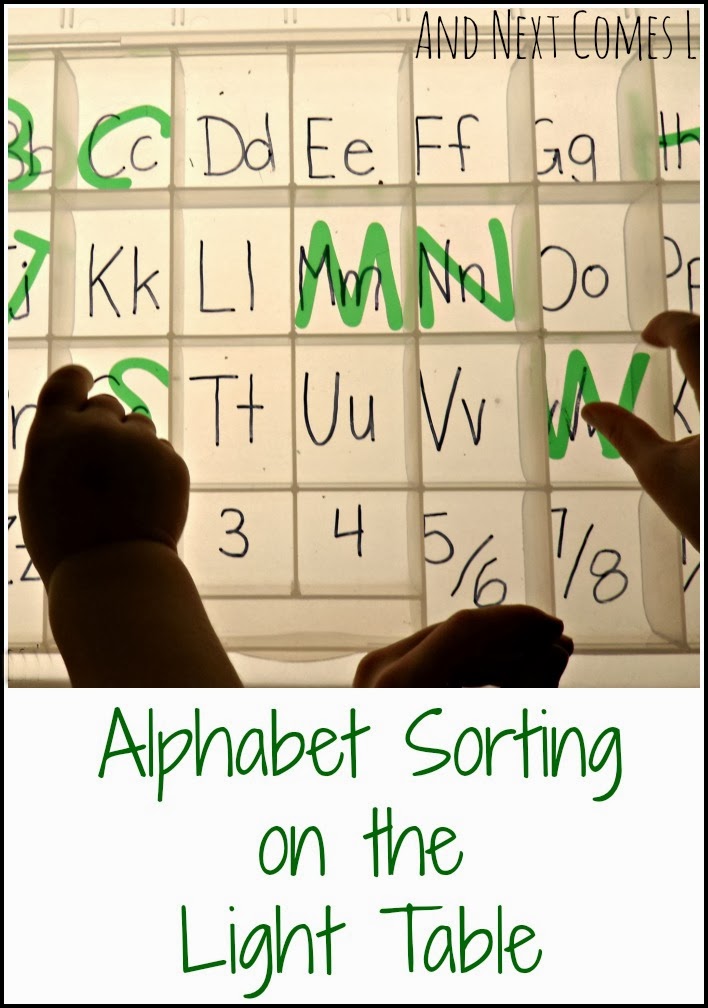 Alphabet sorting on the light table from And Next Comes L