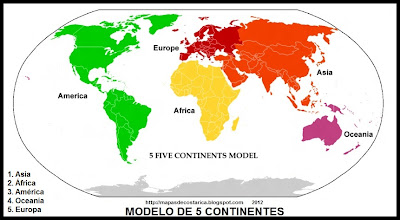 Mapamundi, modelo de 5 continentes