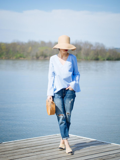 Blogger Style : Outfits for a day at the lakeside {Bell Sleeves Shirt & Vintage Straw bag}