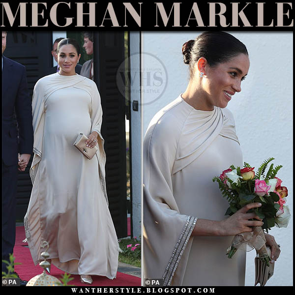 Meghan Markle in beige silk kaftan dress with beige satin clutch in