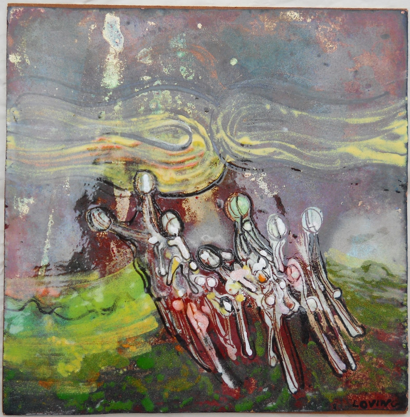 Artist Richard Loving Copper Enamel Plaque Framed Art Tile