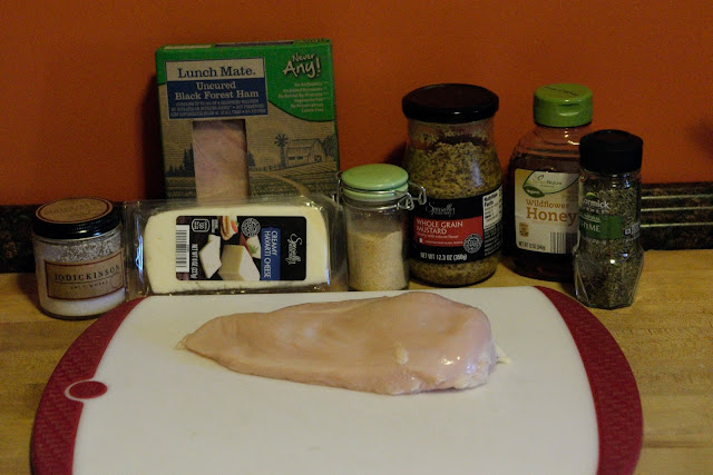 A picture of the ingredients for the Grilled Chicken Cordon Bleu.