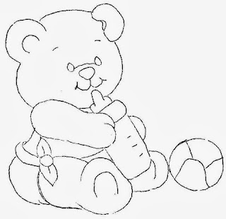 desenho de ursinho com mamadeira e bola para pintar