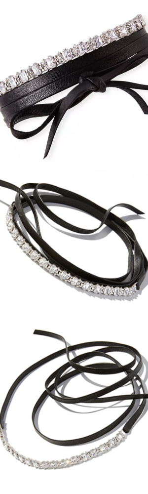 Fallon Leather Wrap Choker w/ Baguette Crystals, Clear