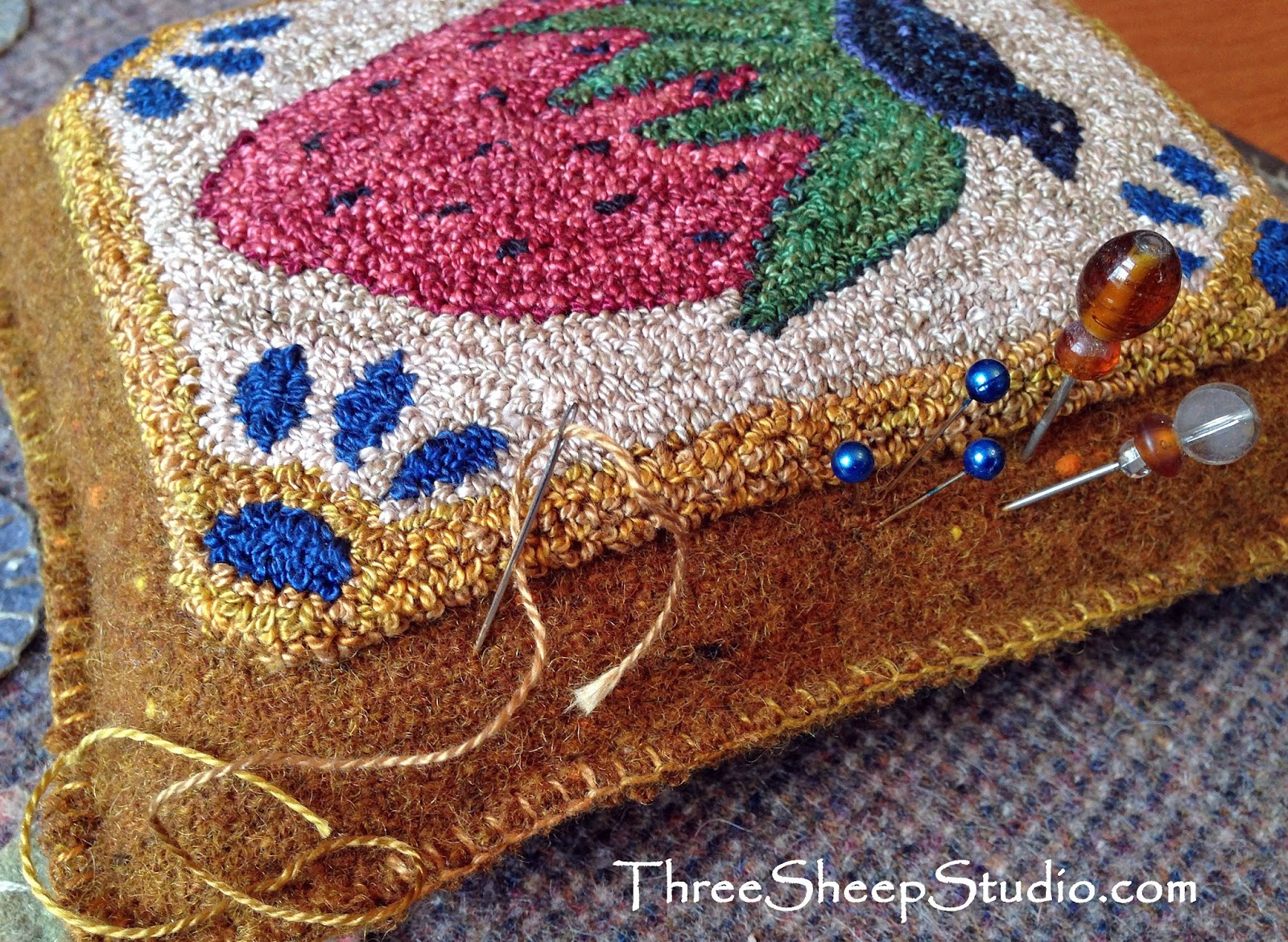 'A Crow's Feast' Punch Needle Pillow - www.ThreeSheepStudio.com 'A Crow's Feast' Punch Needle Pillow - www.ThreeSheepStudio.com
