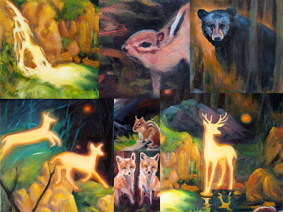 collage of many woodlawn animals from the painting, Black Bear, deer, fox, chipmunks