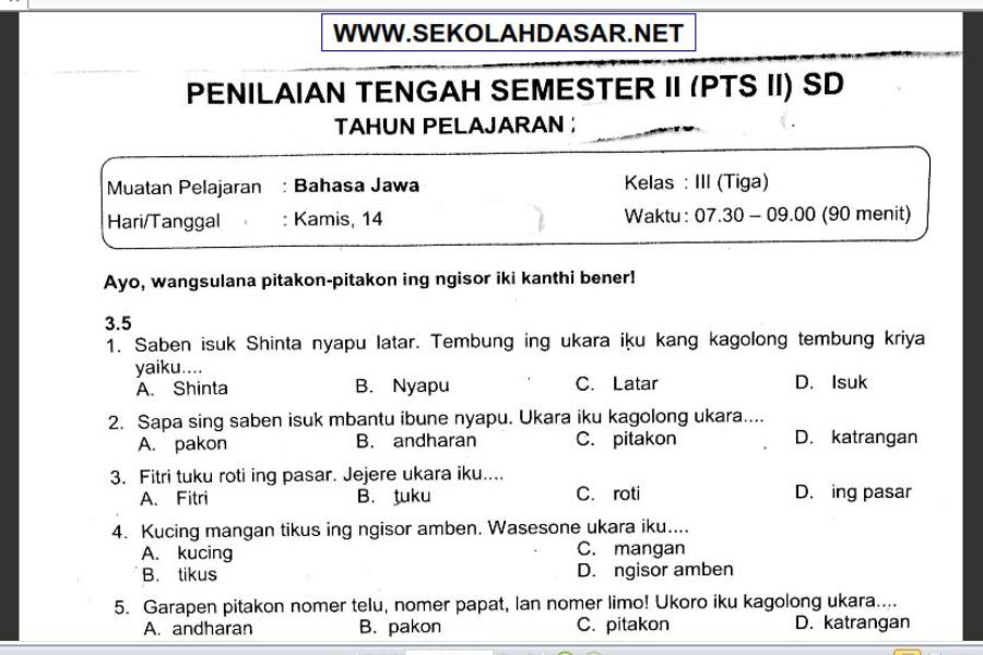 Soal Uts Penilaian Tengah Semester 2 Bahasa Jawa Kelas 3 Sekolahdasar Net